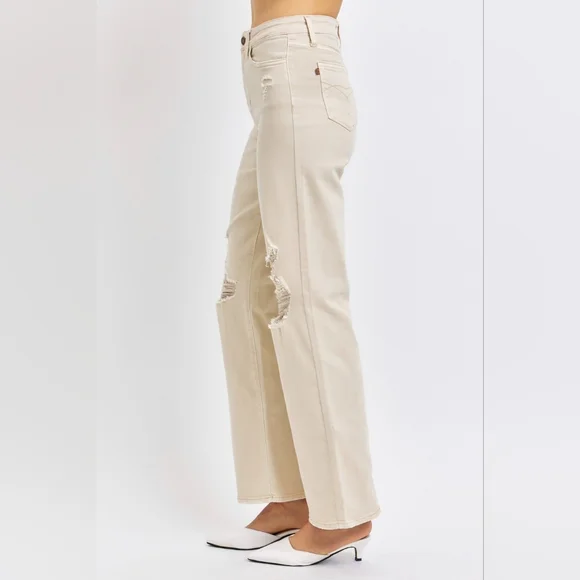 High Rise Mom Jeans Distressed Torn Knee Wide Leg Cream Denim Pants Judy Blue - Picture 4 of 14